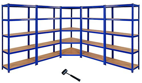 T-RAX Robust Blå Hörnhylla Garagehylla Hyllenhet Verkstadshylla Verkstad Lager Lagerhylla Garage Förvaring MDF Bultfri Bultlös Gummifötter Legerat Stål 180 cm / 1800 mm 90 cm / 900 mm 45 cm / 450 mm