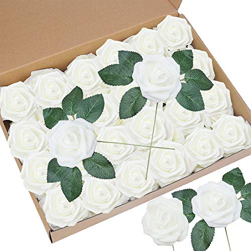 Awtlife Lot de 50 Roses artificielles avec 15 Feuilles artificielles pour Bouquets de Mariage, fête prénatale, décoration d'intérieur