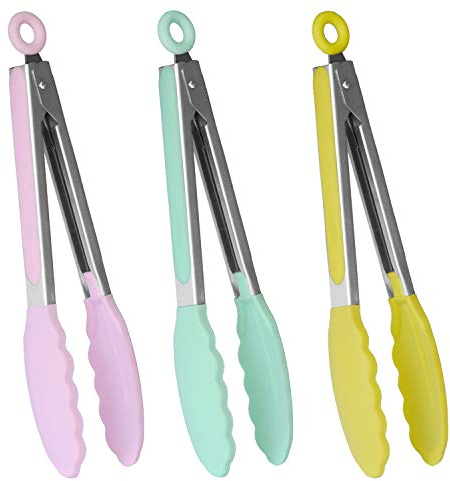 HINMAY 9 Kitchen Premium Silicone Tongs with Non-Slip & Easy Grip Stainless Steel Handle, Set of 3 (Pink Mint Yellow)