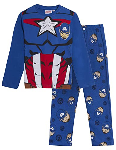 Marvel Captain America Pyjamas Kids Dress Up Pjs Boys Novelty Avengers Tee and Lounge Pants Blue 10 Years