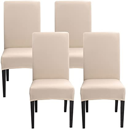 Jaotto Fundas para Sillas Pack de 4, Cubiertas de Sillas de Comedor Ajustables Elásticas Lavables, Color Sólido (Beige,4 Piezas)