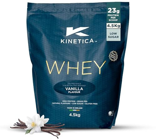 Kinetica Sports Whey Protein Powder - Vanilla, 4.5 Kg, 130 Servings | 23g Protein, 5.5g BCAA Amino Acid & 4.32g Glutamine | Recovery Shake for Optimum Nutrition | WADA & Informed Sport Approved