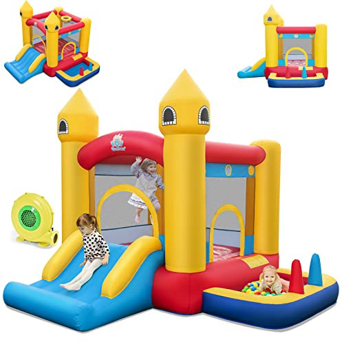 COSTWAY Château Gonflable 6 en 1 Enfants avec Souffleur 480W, Maison de Saut Gonflable en Tissu Oxford avec Piscine à Balles, Panier de Basket, Toboggan, 50 Balles pour Jardin Pelouse Fête, 3-10 Ans