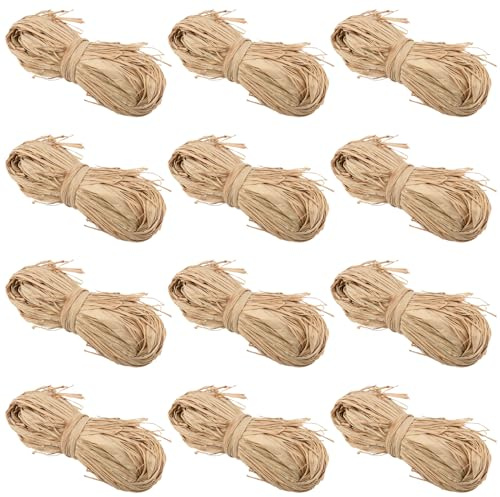 MUKLEI 12 Pack 600g Natural Raffia Bundles, Natural Raffia Roll, Brown Raffia for Handcraft Weaving, Gift Wrapping, Florist Bouquets, Decorations, 50g Per Pack
