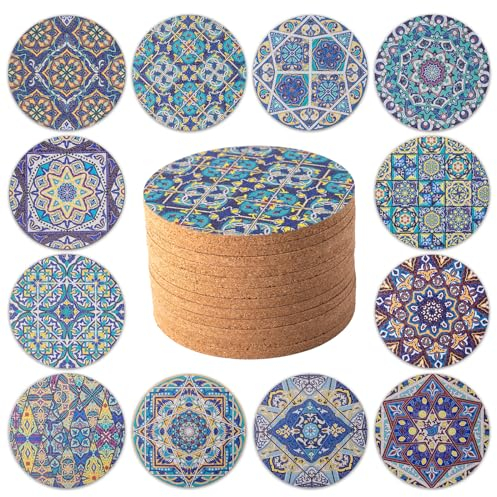 STARUBY 12 Pcs Cork Coasters for Drinks - Round 10cm Blue Absorbent Kitchen and Dining Room Decoration