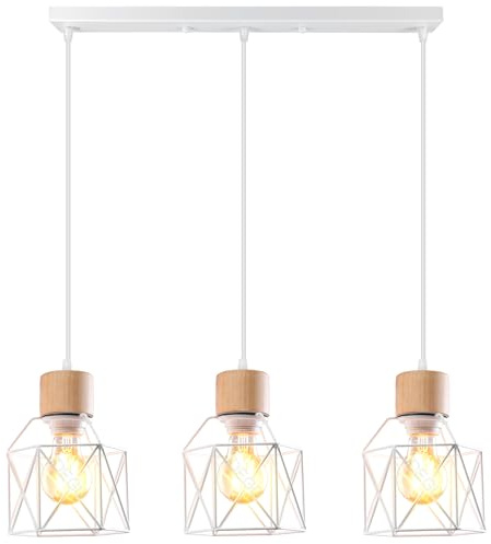 iDEGU Hänglampa med 3 lampor, vintage av trä, metalllampa i industriell design, bur lampskärm E27 taklampa, retro pendellampa för matsal, kök, vardagsrum (trä, balkar, vit)