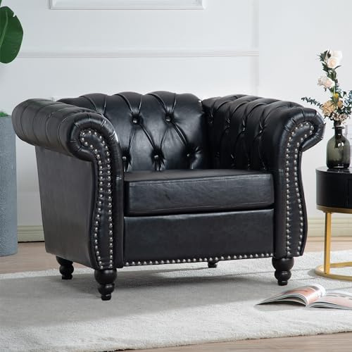 WEALTHGIRL Elegant Loveseat Single 3-Seater Chesterfield Sofa with Tight Pleated Rolled Arms and Silver Studs Trim, Comfortable Seating with Button Tufted, Perfect for Living Room (Black PU,Armchair)
