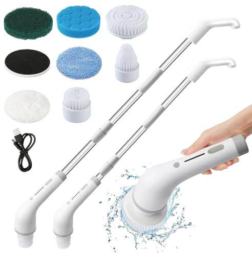 Elekin Elektrische Reinigungsbürste,Kabelloser Drehwischerschrubber, Spin Scrubber Schnurlos Haushaltsreinigungsbürste mit 7 austauschbaren Bürstenköpfen, mit verstellbarem und abnehmbarem Griff