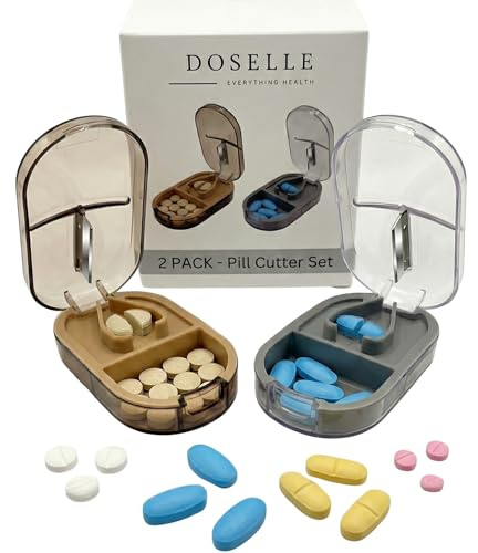 Doselle 2 Pack Pill Cutter for Small or Large Pills – Professional Medicine Splitter with Clear Cover & V-Grip Centering Device – Accurate 1/2 & 1/4 Cuts for Oval & Round Tablets (Gray & Brown)
