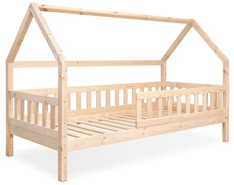 Ehrenkind® Hausbett Lille | Kinderbett mit abnehmbaren Rausfallschutz aus Massivholz FSC® zertifziert | Hausbett 90x200 | Kinderbett 90x200 Natur