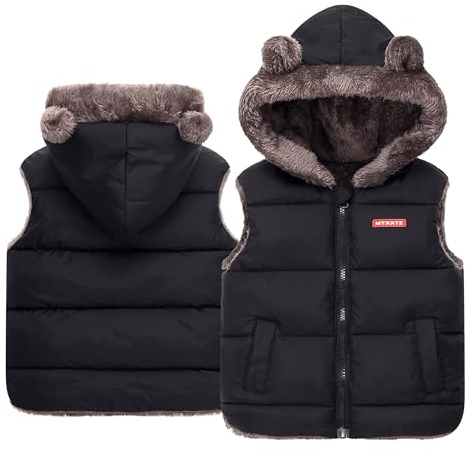 Maeau - Gilet à Capuche Enfants Hiver Manteau Chaud Sans Manches Garçons et Filles Veste Gilet Épaissie Matelassé Mignon Gilet en Duvet avec Poches - Noir - 6-7 Ans