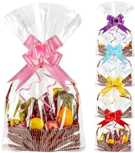 XWCHASA 20 Stück Große Geschenkfolie Transparent Cellophantüten, Cellophanfolie 50 x 60cm, Durchsichtiges Geschenkfolie Geschenkverpackung mit 20 Zugschleifen für Geschenke Körbe, Blumen, Hochzei