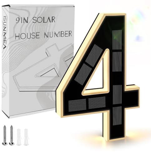 ISUNMEA Numéros de maison modernes à éclairage solaire de 22,9 cm pour l'extérieur, étanches à DEL, grands numéros d'adresse personnalisés pour l'extérieur (4 noirs, 22,9 cm)