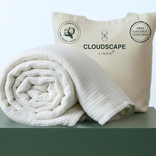 CLOUDSCAPE 4 Layer Muslin Blanket for Adults, 100% Cotton Blanket King Size, 92 x 108'' Fits Upto Cal King Bedding, All Season, Soft Lightweight, Breathable Layering Cotton Summer Blankets - White
