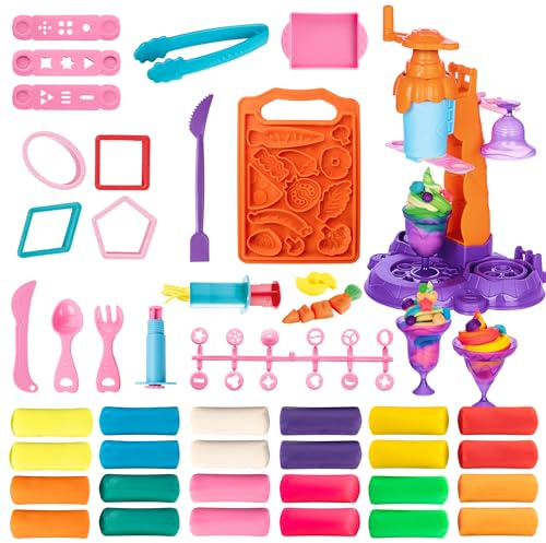 Genio Kids Heladería de Plastilina no Tóxica 12 Colores, Gran Kit de Plastilina Secado Al Aire 47 Piezas con Máquina de Helados, 720g de Plasticina Masa para Moldear