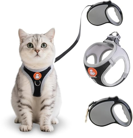Shyllin Arnes para Gatos, Arnes para Gatos Antiescape con Correa Extensible, Arnes Gato Ajustable Reflectante, Chaleco de Tela de Malla Suave y Transpirable, Arnés Gato Pequeño para Caminar (Negro, M)