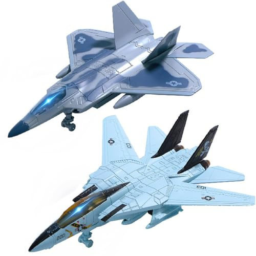 HOLYFUN Double Fighter Jet Toy, F14 & F22 Diecast Planes with Lights & Sounds, Pull Back Military Airplane Toy, Great Gift for Toddler,Kids, Boys