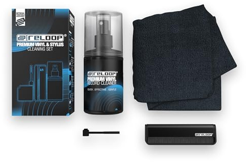 Reloop Premium Vinyl & Stylus Cleaning Set - per Pulizia Vinili, CD e Puntine, Kit 4-in-1 con Spray 200ml, Spazzola in Carbonio, Pennello per Testina