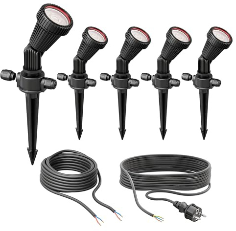 ledscom.de Set med 5 trädgårdsstrålkastare med markspett PIRK med Schuko-kontakt för utomhusbruk, svart, inkl. GU10 LED (vit, 8,2W vardera, 1179lm, 33°)