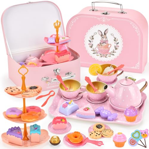 JOTOL Service à Thé pour Enfants,46 PCS Service à Thé Jouets avec Jouets à Dessert,Étui de Transport Lapin et Stand de Dessert,Jeu de Simulation pour Filles,Tea Party Jeux de Rôle pour Fille 3+ Ans