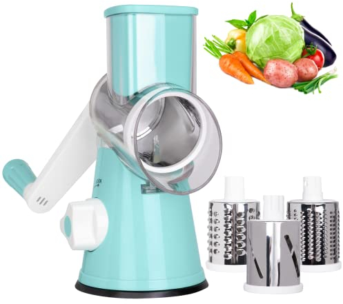 X Home Râpe à fromage rotative, trancheuse rotative portable, râpe à légumes avec 3 lames remplaçables en acier inoxydable, facile à manipuler et à nettoyer