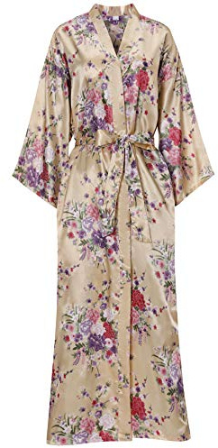 MizzGenio Women's Floral Long Silk Robes Lightweight Full Length Satin Robes Long Sleepwear,Champagne S/M