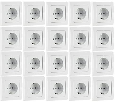 ChiliTec Steckdose Unterputz Weiß DELPHI 230V Schutzkontaktsteckdose Steckklemme 20 Stück mit 1-fach Rahmen abnehmbar