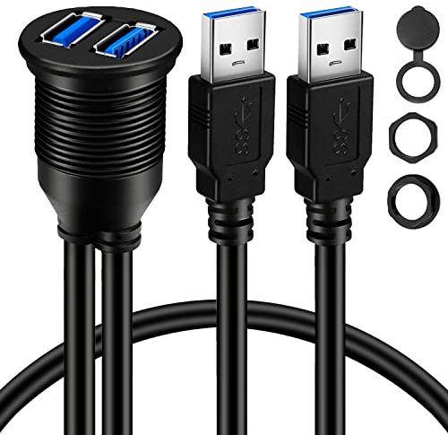 BATIGE 2 Ports Dual USB 3.0 Male to USB 3.0 Female AUX Flush Mount Car Mount Extension Cable for Car Truck Boat Motorcycle Dashboard Panel 1ft