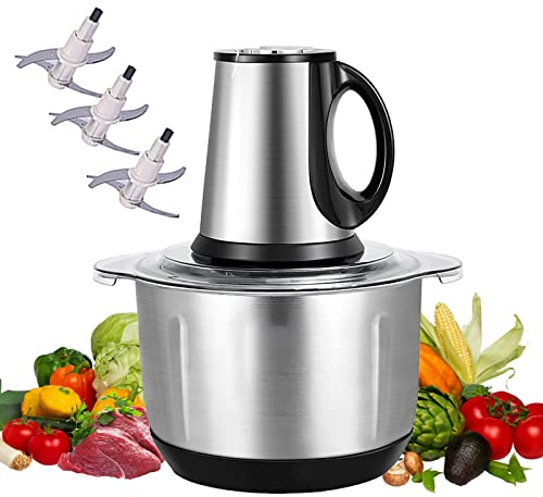 Samnuerly Nueva picadora de Carne eléctrica, con 3 Cuchillas, 3 velocidades de Engranaje, con tazón de Acero Inoxidable de Alta Capacidad de 4L, para Carne/Verduras/Frutas/nueces/Huevo/Cebolla