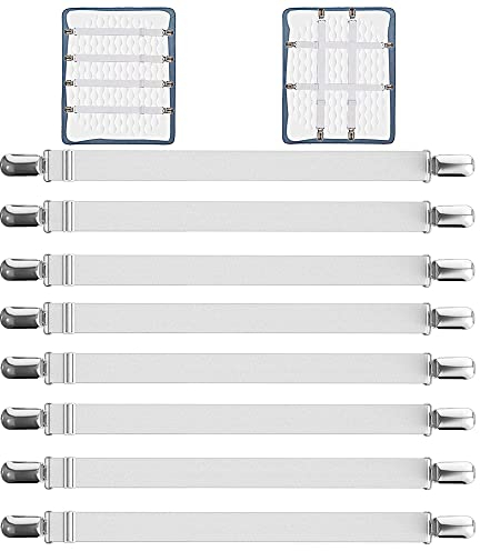 laeeyin Verstellbare Bettlakenspanner 8 Stück 55-250cm Bettlaken Spanngurte Elastische Betttuchspanner, Weiß Lakenspanner mit Metallclips, für Bettlaken, Matratze, Bügelbrett Oder Sofa