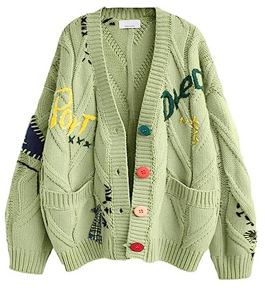 Cárdigan de punto trenzado para mujer, manga larga, frente abierto, oveja, cuello de pico, botones, bordado, mezcla de lana, abrigo para exteriores