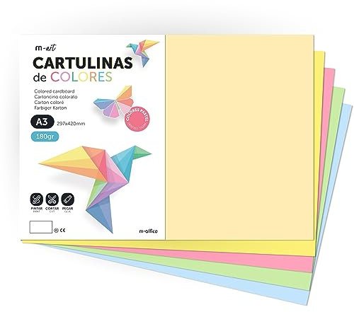 Carton coloré, papier cartonné A3, feuilles colorées 180 g, carton assorti, couleurs pastel, idéal pour l'artisanat, imprimer vos documents et dessins créatifs · m-office (10h, Surt. Pastel)