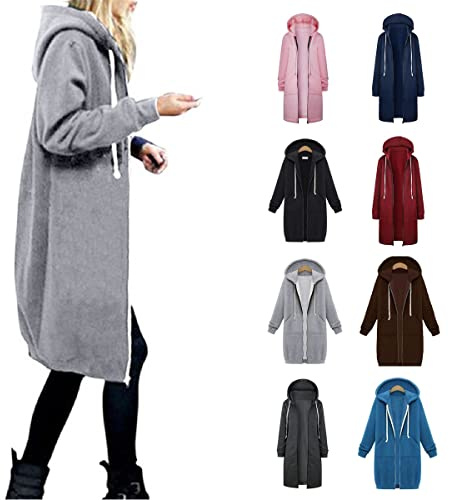 Women Ladies Girls Long Hoodie Zipper Fleece Warm Jacket Stylish with Pocket Sweatshirt Casual Jumper TOP Dresses Black