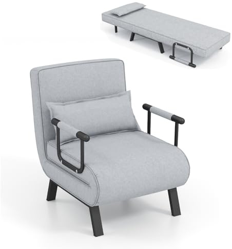 Multigot 4-in-1 Folding Sofa Bed, Convertible Leisure Chaise Lounge with 6-Position Adjustable Backrest and Removable Pillow, Upholstered Sleeper Chair for Bedroom Living Room Office (Light Grey)