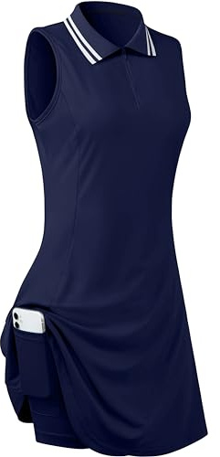FREEYE Ärmlösa golftennisklänningar för kvinnor med innershorts och fickor för träning, marinblå, S