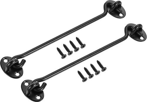 ORTAVA Pack of 2 Storm Hooks, Stainless Steel, 8 Inches/200 mm Storm Hooks with Eyelet, Door Latch, Door Holder, Window Hooks for Shutters, Barn Door, Garden Gate, Garage Door with 8 Screws (Black)