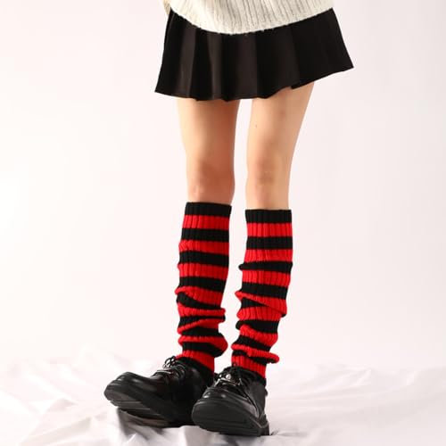 BQRKOTM 1 Paarein Damen Langer Beinwärmer Frauen Mädchen Winter Crochet Stricken Stulpen Beinstulpen Beinwärmer Kniestrümpfe Legwarmers Goth Lolita Zubehör -Rote und schwarze Streifen
