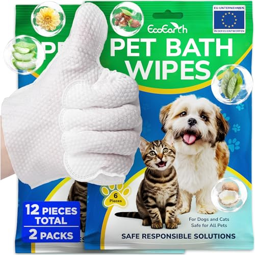 EcoEarth - Toallitas prémium para Perros y Gatos - 12 Guantes - Guante de baño desechable para el baño y el Aseo - Patas y Cuerpo limpios