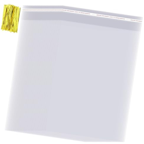 100 bolsas de celofán de 20 x 30 cm, transparentes, autoadhesivas, A4, bolsas de celofán en A4, transparentes, para galletas, tarjetas, sobres, con 100 alambre dorado