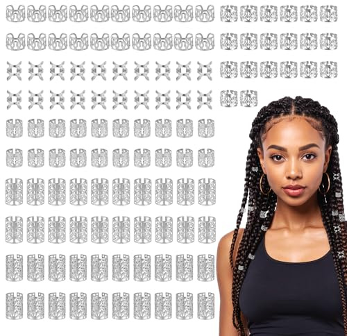 Ouligay 120 Stück Silber Dreadlocks Schmuck Wikinger Haarschmuck Silber Metall Haarringe für Zöpfe Haarschmuck Pirat Verstellbar Cuffs Haarperlen Braids Schmuck Zubehör Haarspiralen für Männer Frauen