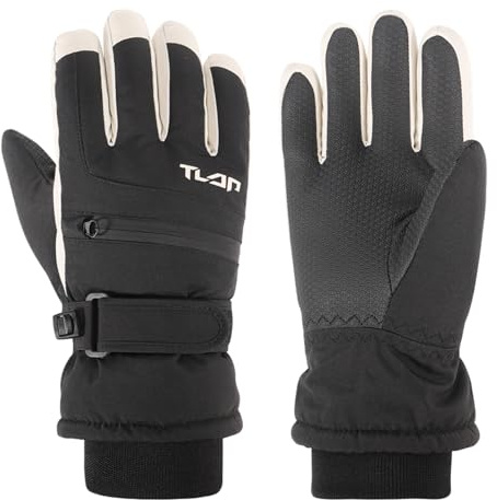 QKURT Kids Winter Ski Gloves Waterproof Anti Slip Plush Warm Snowboard Gloves with Pockets for Children Girls and Boys Age 6-12 (Black)