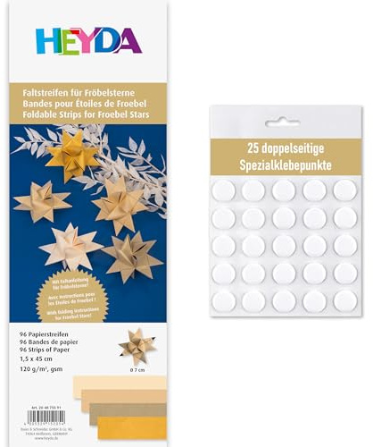 Heyda Faltstreifen für Fröbelsterne – 96 Streifen, 1,5×45 cm, 120 g/m² – beidseitig bedruckt – Bastelpapier Set für 24 Sterne – mit Anleitung – inklusive 25 Klebepunkte (gold 1,5x45cm)