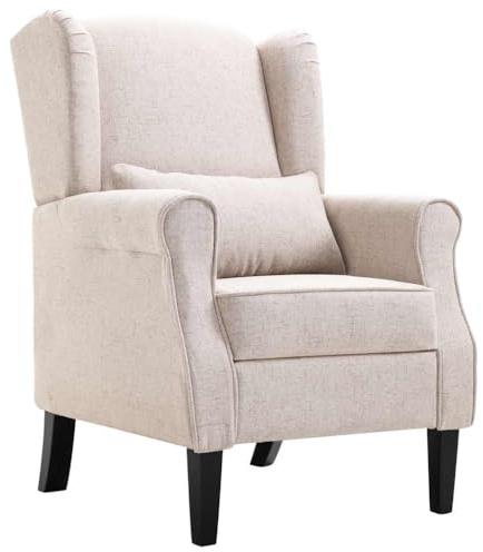 SKTQYQO Poltrona Beige in Tessuto con Cuscino Lombo-Sacrale, Struttura in Legno Robusta per Soggiorno e Salotto, Design Elegante e Funzionale, Seduta Imbottita e Confortevole,