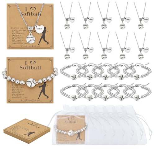 PH PandaHall 20 Ensemble Collier Coeur pour Femme Kit Pendentif Collier avec Softball, Bracelet Collier Breloque Balle de Sport avec Carte pour Hommes Anniversaire Softball Bracelets Équipe Fête