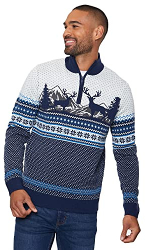 NOROZE Men's Christmas Jumper Novelty Fair Isle Sweater Chunky Knit Xmas Jumpers for Women Unisex Pullover (L, Stag Navy)