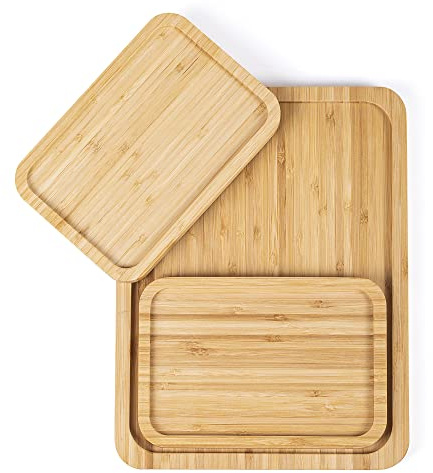 Vencier Natural Bamboo Tray Set of 3,Easy Store,Heat Resistant Bamboo Nesting Trays Food and Drinks,Nested Wood Serving Trays Eco-Friendly,Bamboo Utility Trays,1 Large and 2 Small,One Size (ST-130)