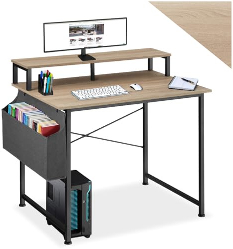 tectake® Mesa Escritorio Industrial, con Soporte Monitor y Estante Lateral, Estructura de Acero, Escritorio Oficina, Mesa Gaming - 60 x 120 x 90 cm Madera Industrial Clara, Roble Sonoma