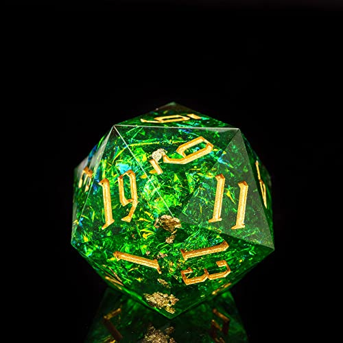 Cusdie 33 mm D20 DND-tärningar med vassa kanter och glitterfolieinneslutningar, enkel 20-sidig D&D-tärning, handgjord polyhedral tärning, för fängelsehålor och drakar rollspel (grön)