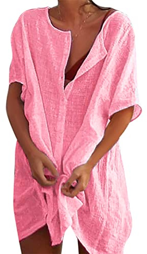 RITOSTA Camisas Mujer Largos Vestido Playa Verano Camisa Suelta de Bikini Cover Up Traje de Playa para Mujer Vestido de Playa Casual Blusa Camisolas Playeras Suelto Pareos Color Sólido