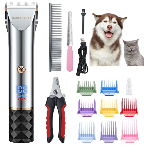 BarberBoss QR-9081 Fellpflege-Set für Haustiere, geräuscharm, mit 2 Geschwindigkeitsstufen, Keramikklingen, USB-Aufladung, LED-Display und 8 Kammaufsätzen